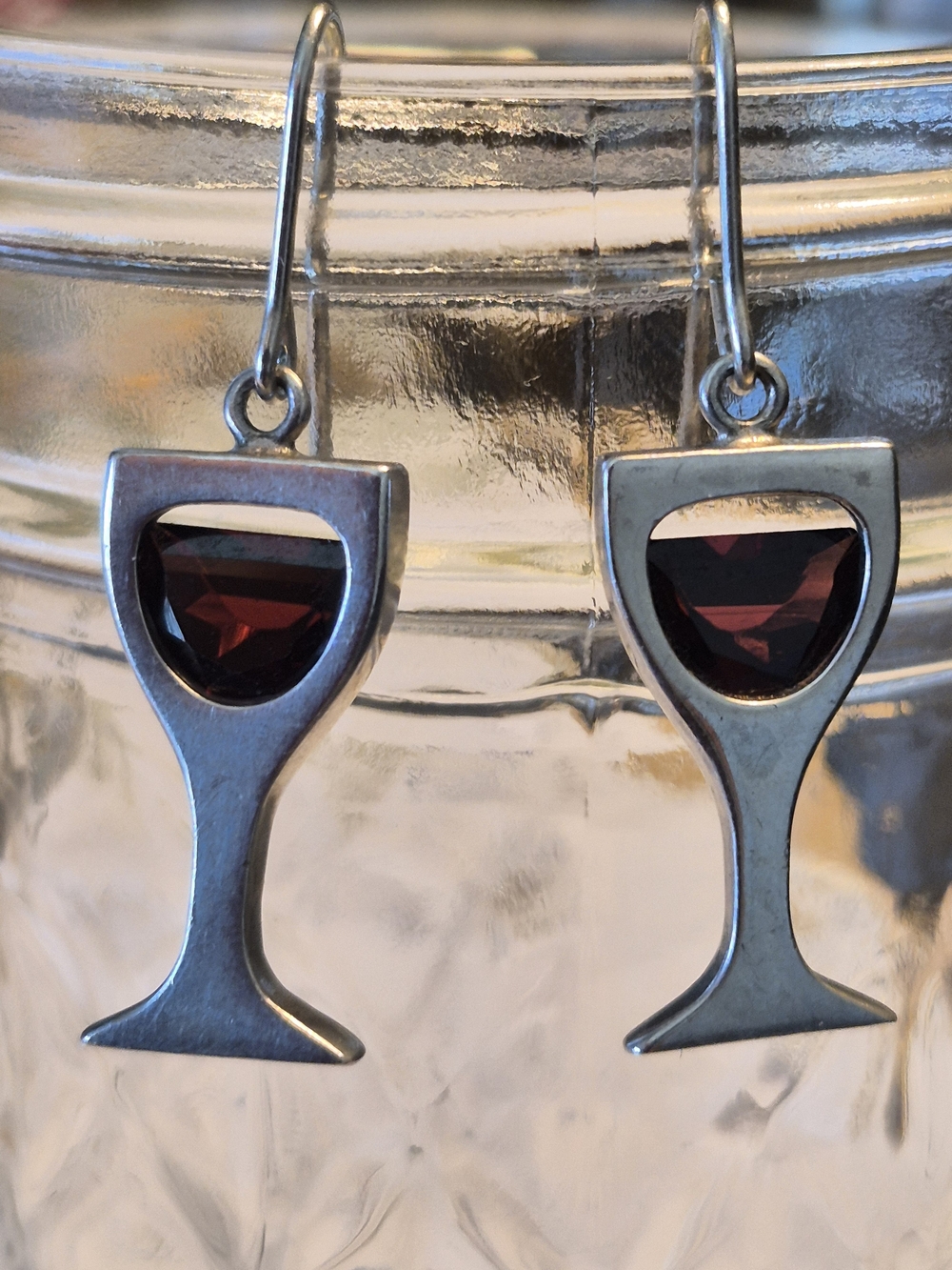Sterling Silver Red Wine Glass Garnet Drop Earrings